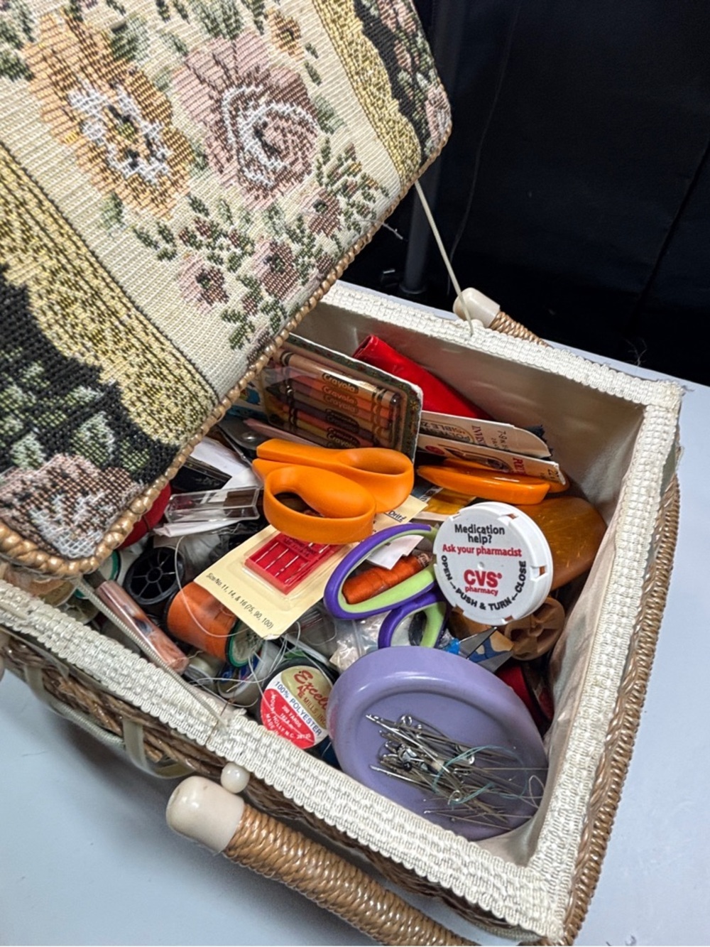 Vtg Sewing box Azar Tapestry fabric cushion covered 2 Handle W/contents Read - Picture 14 of 16